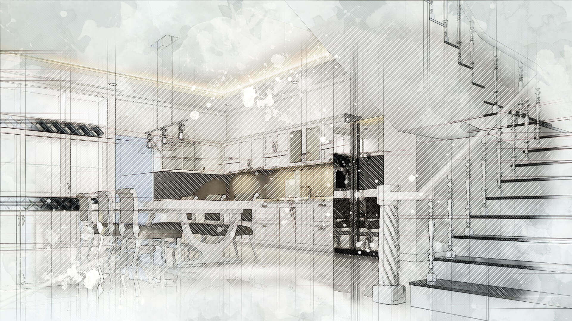 Sketch design of a modern kitchen and staircase remodel