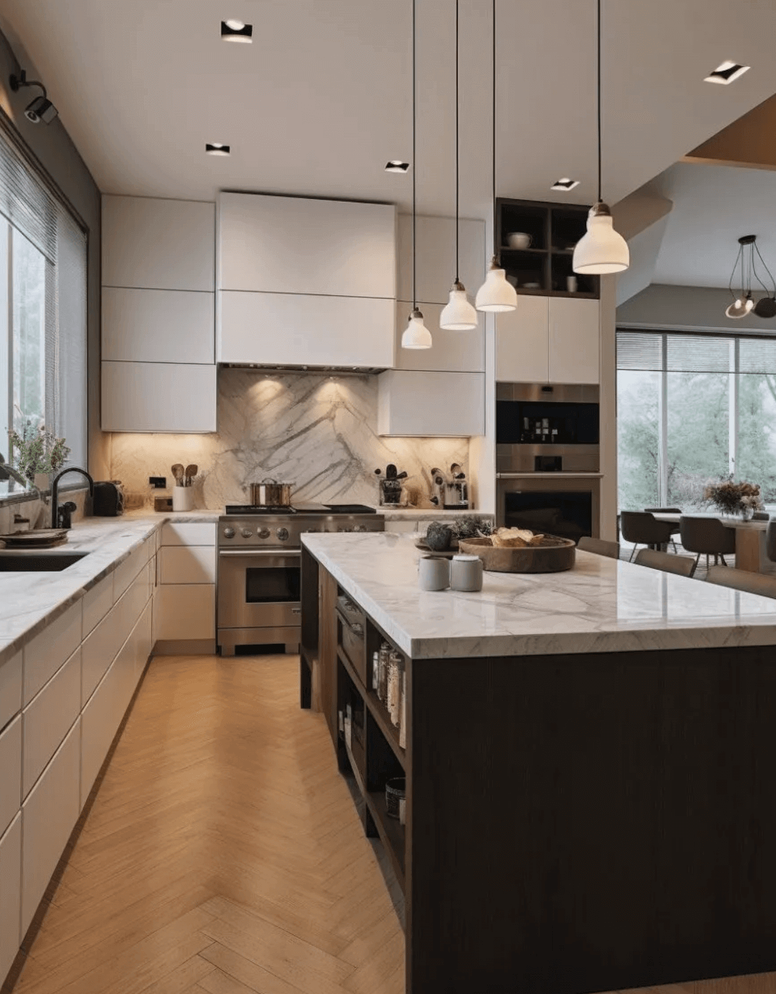 Custom Modern kitchen remodel with marble countertops and an island with black cabinets which contrast the white cabinets surrounding the rest of the kitchen