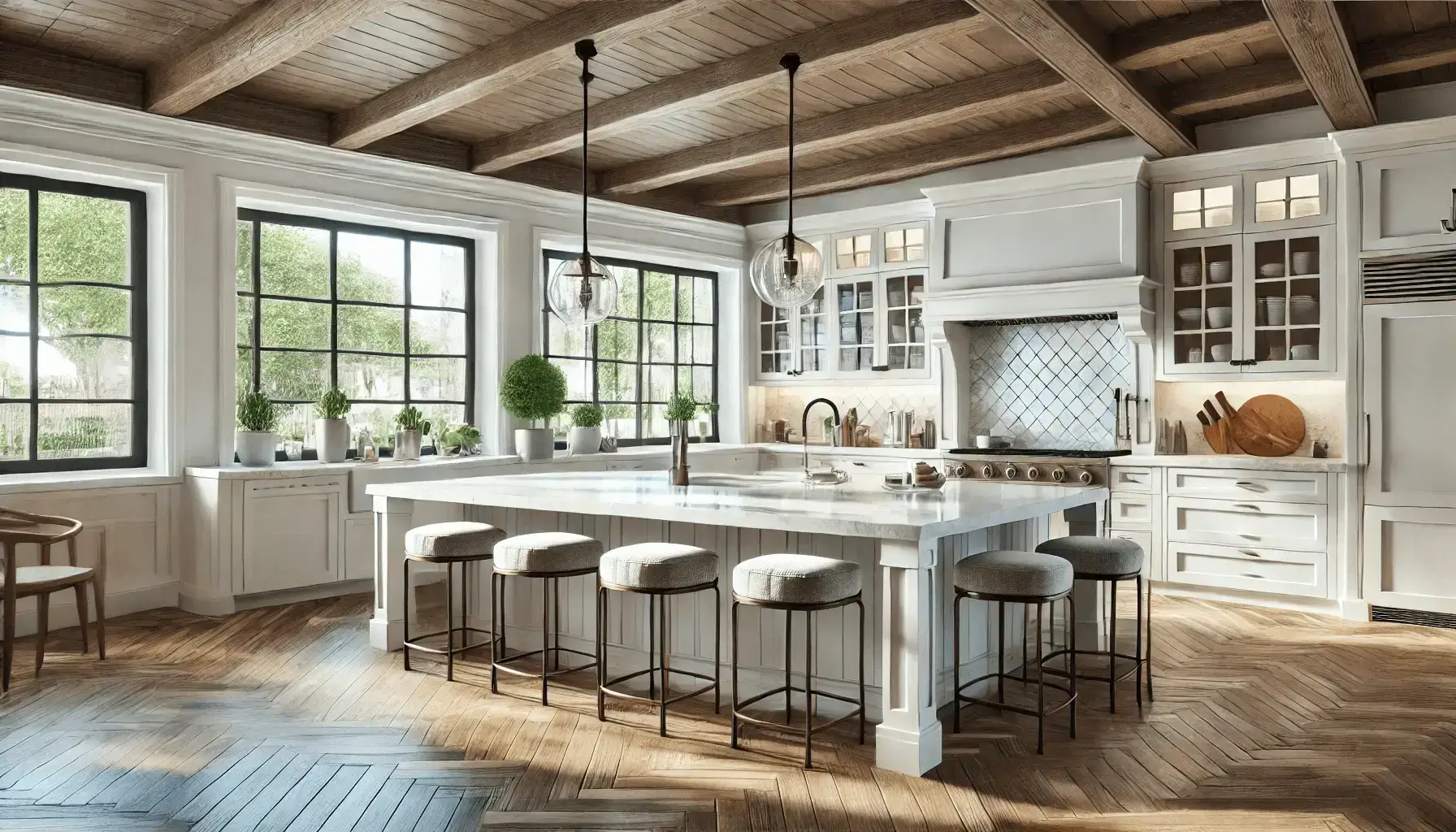 Kitchen remodel with large windows and lots of natural light. There's a large island with white marble countertop and round bar stools.