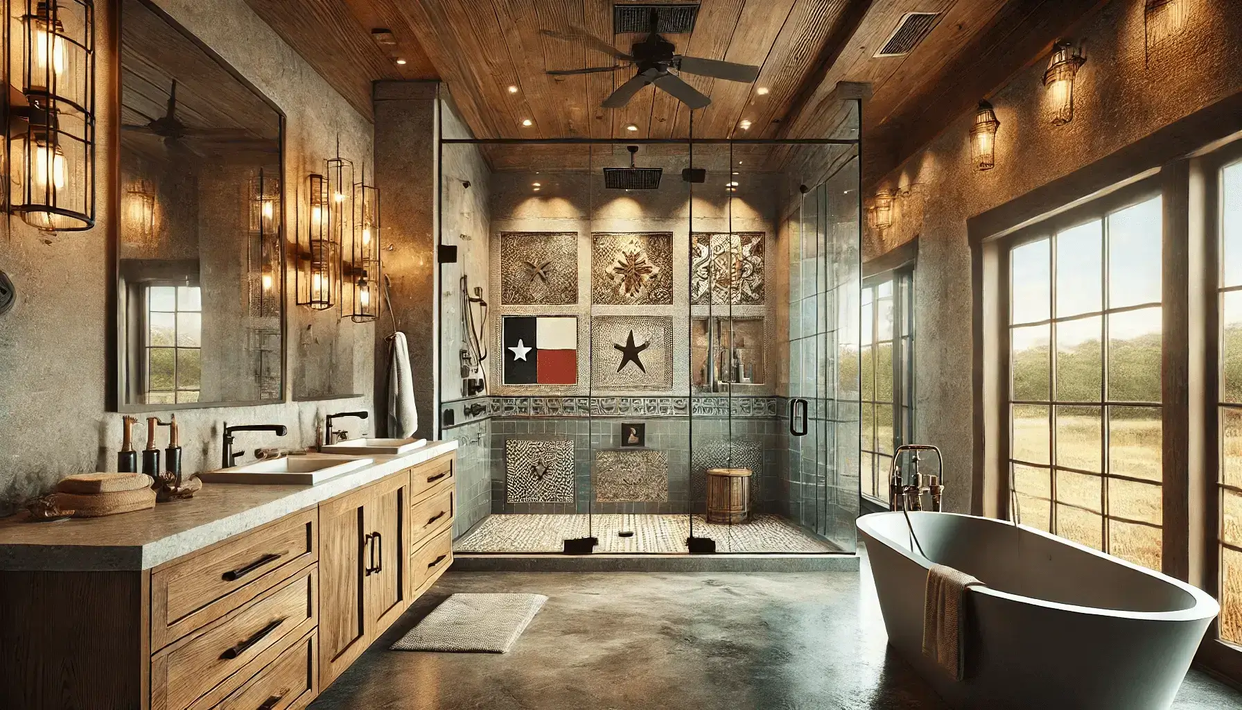 Here is a bathroom remodel with a texas personality with the texas flag as accent tile and wooden ceilings. There's dark concrete floors and a beautiful stand alone tub. A large window brings in natural light and the vanity has a double sink.