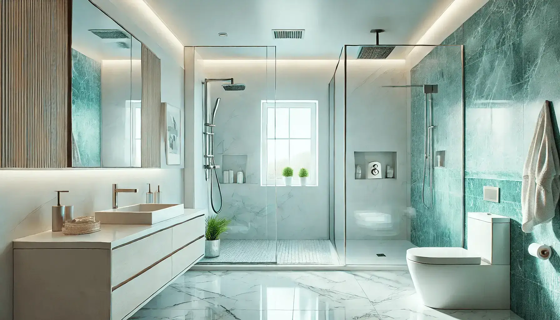 Here is a bathroom remodel featuring bright white modern bathroom with teal accent tile on the walls and some bamboo backboard for contracts. Marble floors shine with a smart toilet and rainfall shower